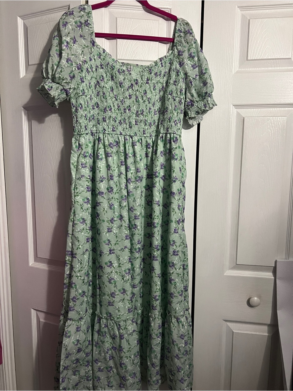 Sage Green Floral Smocked Maxi Dress with Puff Sleeves
